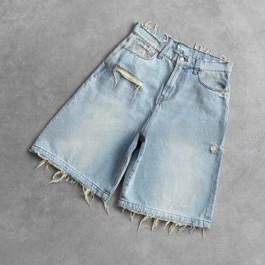 New Design Sense Ripped Burr Denim Shorts American Retro Washed Casual Loose Shorts